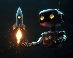 A robot holding a rocket with an innovation concept light effect in his hand against a dark background, for a new business idea and copy space concept.