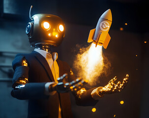 A robot holding a rocket with an innovation concept light effect in his hand against a dark background, for a new business idea and copy space concept.