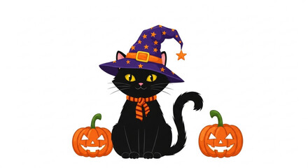 A charming black cat adorned with a witch hat and scarf, sitting between two cheerful jackolanterns