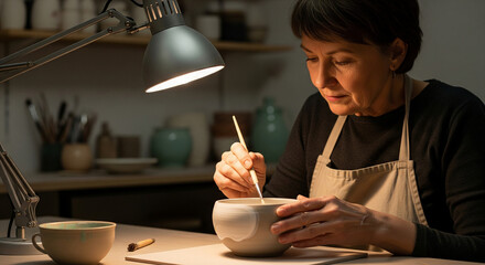 Focused senior artisan woman meticulously painting a handmade ceramic bowl with a delicate brush in her cozy, lamp-lit pottery workshop