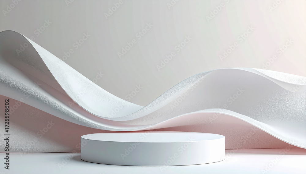 Poster abstract flowing shape makes serene scene as elegant movement surrounds pedestal for calming display