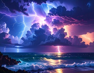 Dramatic ocean scene with vibrant lightning striking above dark, colorful clouds and waves