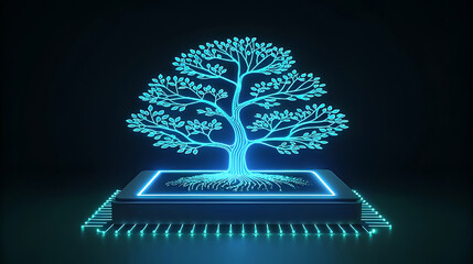 Neon blue circuit tree glowing on computer chip technology
