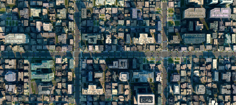 3D aerial city streets with dense blocks