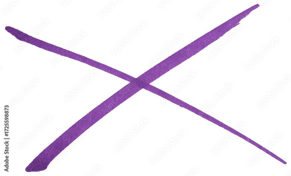 Poster hand drawn purple cross mark with marker brush strokes, abstract ink x symbol for wrong choice, erro