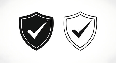 Two shield icons with checkmarks, one black and one outline, isolated on white background