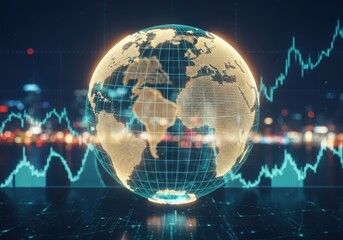 A glowing digital globe with a financial stock market graph in the background, symbolizing global economy and trading