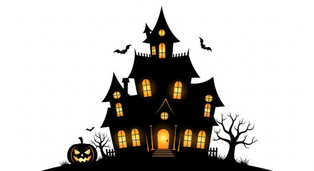 Spooky haunted house silhouette with glowing windows, bats, and a grinning pumpkin, perfect for halloween decorations and themes