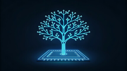 Neon blue circuit tree glowing on dark background technology 2