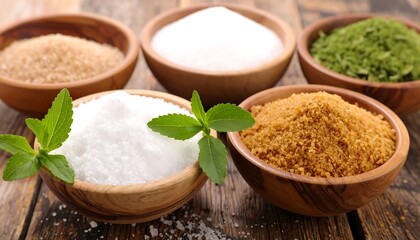 Assorted sugars and sweeteners in bowls