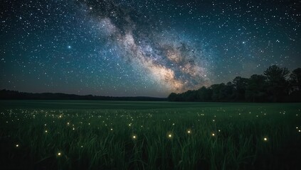 A vast field of grass at night, illuminated by fireflies, under a breathtaking Milky Way sky.