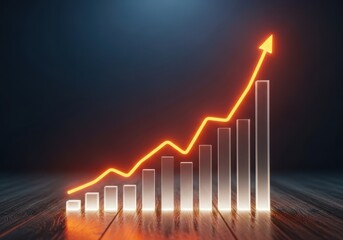A glowing orange line graph shows a steep upward trend over a series of translucent bars on a dark wooden surface