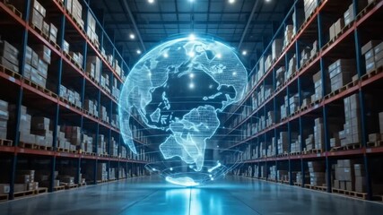 A digital globe in a warehouse symbolizes global supply chain connectivity. 4k video - Powered by Adobe