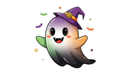 Cute ghost with witch hat, perfect for halloween illustrations, stickers, and decorations with a friendly spooky vibe