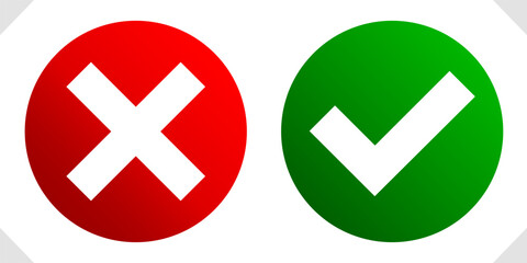 Green check mark emoji icon, approval button sign, tick and cross symbols - vector