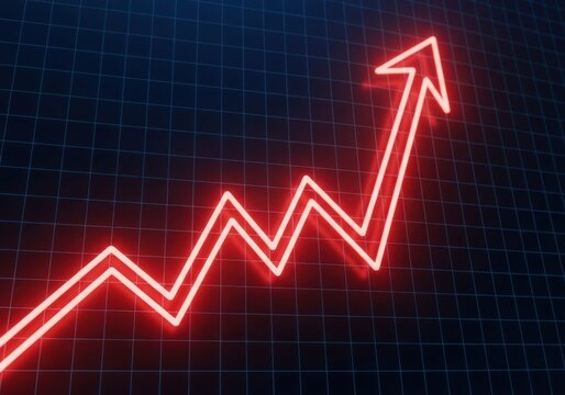 A glowing red line graph with an upward trend, set against a dark grid background, symbolizing growth and positive financial performance - Powered by Adobe