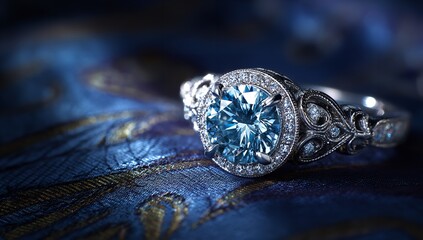 Diamond ring with a brilliant blue gemstone rests on luxurious blue fabric, exuding elegance and timeless luxury for special occasions