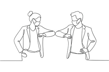 Two people wearing masks elbow bump in social distancing greeting