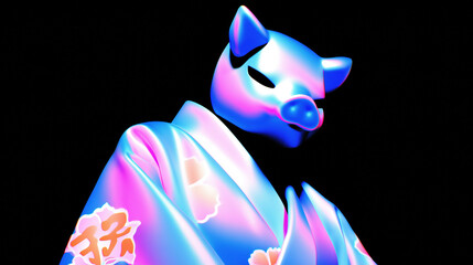 person in a pig mask and kimono looking at the camera from above, chinese horoscope animal symbol of the year