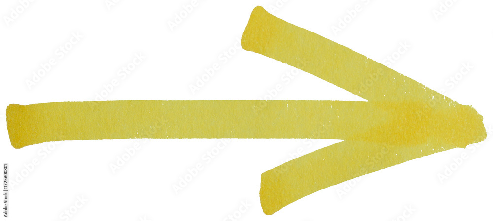 Poster hand drawn yellow arrow sketch with marker brush stroke, abstract ink pointer symbol for direction, 