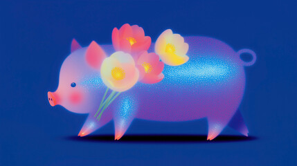 cute pig with flower bouquet, chinese horoscope animal symbol of the year