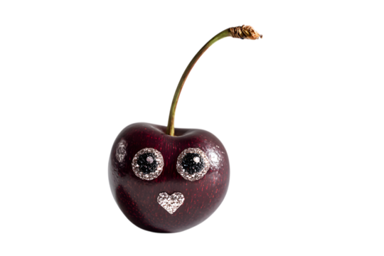 Cute cherry with glitter eyes and heart face on black background - Powered by Adobe