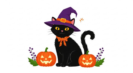 A charming black cat in a witch hat surrounded by jackolanterns, , perfect for halloweenthemed designs and greetings