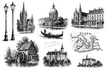 Vintage European landmarks collage with cathedrals castles gondola map and old houses, Transparent Background © FriskySloths