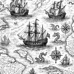 Vintage nautical map with sailing ships sea monsters compass roses and coastlines, Transparent Background