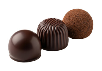 Obraz premium Three artisanal dark chocolate truffles, deep dark brown, on pristine transparent background. Close-up macro, soft studio lighting, sharp focus. Concept of gourmet quality and luxurious indulgence