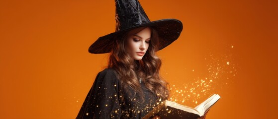 The Witch Reading a Magical Book Surrounded by Golden Sparkles and Orange Glow