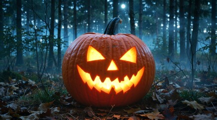 Glowing Pumpkin in Forest Clearing