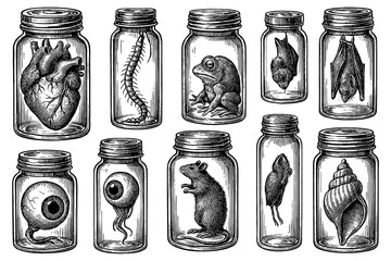 Vintage specimen jars with snake skull insects reptiles and preserved curiosities, Transparent Background