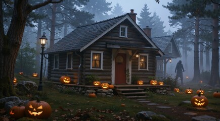 Spooky Forest Cabin with Halloween Pumpkins
