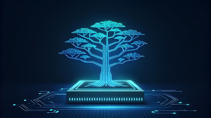 Neon blue circuit tree on dark background bonsai tree