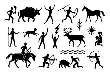 Prehistoric cave painting style silhouettes of hunters animals and symbols, Transparent Background