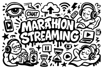 Marathon streaming graffiti cartoon with headphones, video icons, snacks and bold text, Transparent Background