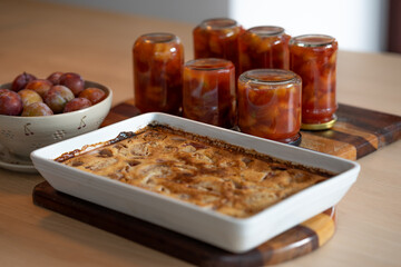 Fresh plumbs, plumb jam and plumb dessert from the oven