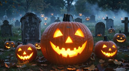 Glowing Pumpkins in Graveyard