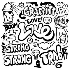 Graffiti doodle collage with street art characters, skull, dollar signs and bold lettering, Transparent Background