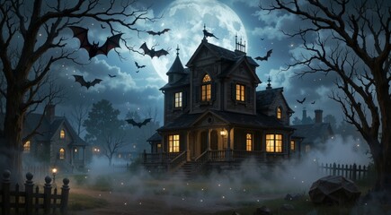 Haunted House under Full Moon