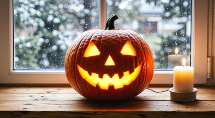 Glowing Jack-o’-Lantern on Window