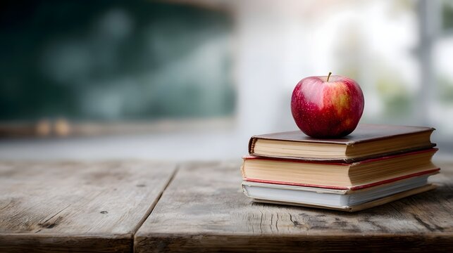 A red rests on stacked books on a wooden desk with a blurred chalkboard and window in the background symbolizing education and learning - Powered by Adobe