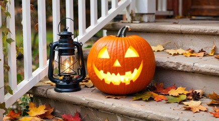 Pumpkin and Lantern on Autumn Steps