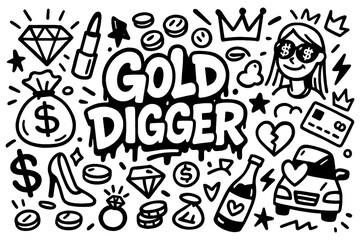 Gold digger graffiti style cartoon with money bags, jewelry, luxury car and bold text, Transparent Background
