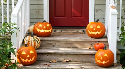 Rustic Porch with Glowing Pumpkins and Autumn Wreath