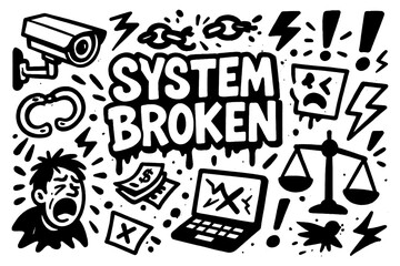 System broken doodle illustration with error symbols money scales surveillance and anger icons, Transparent Background