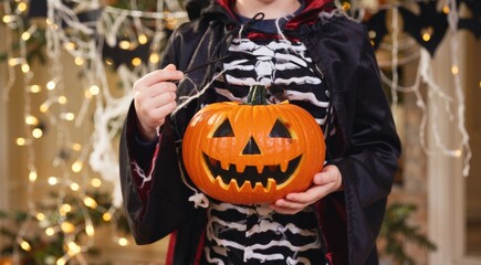 Child in Vampire Costume with Pumpkin Lantern