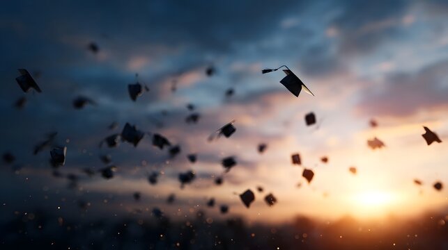 Graduation caps are tossed into the vibrant sunset sky symbolizing achievement and future success during golden hour