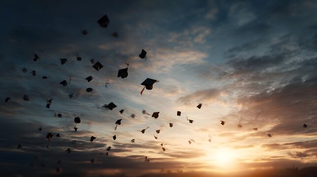 Graduation caps are tossed into the air against a beautiful sunset sky symbolizing accomplishment and new beginnings